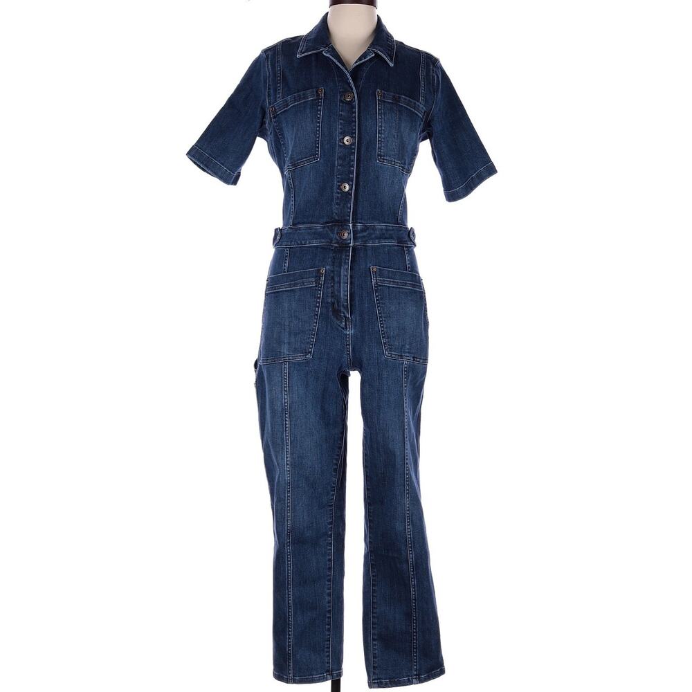 Duluth Trading Women’s Size 10 Short Sleeve Denim Jumpsuit Dark Wash Utility Bib - Picture 4 of 8